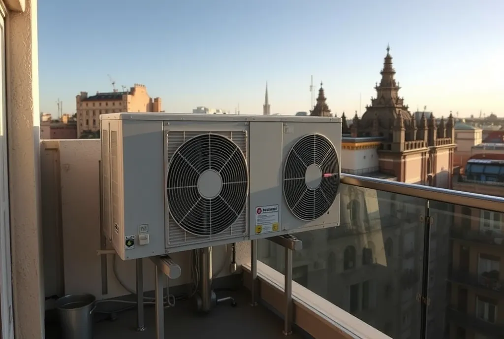Unidad exterior de aerotermia en la terraza de un piso de Barcelona